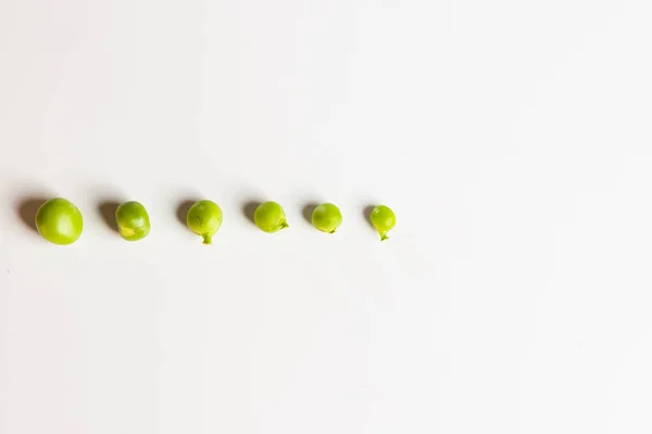 Guisantes verdes frescos esparcidos sobre un fondo blanco. — Foto de Stock