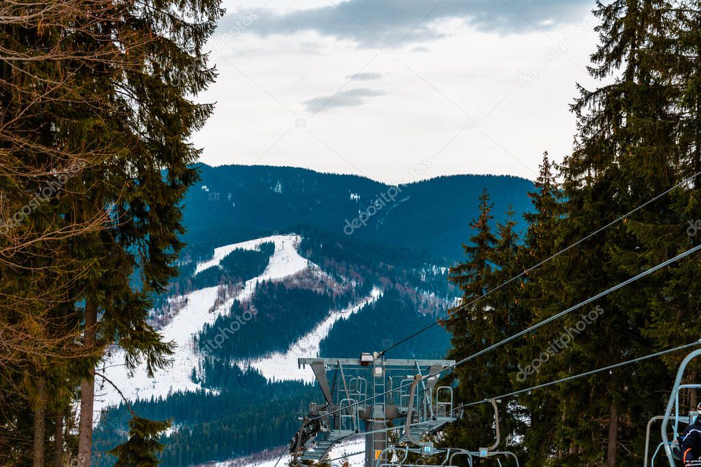 High lifts on the background of beautiful picturesque landscapes of the Carpathians.