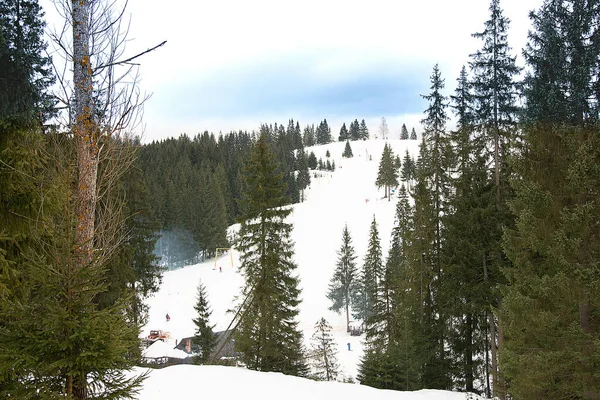 Hermoso paisaje de invierno y pistas de esquí de bukovel en Ucrania . — Foto de Stock