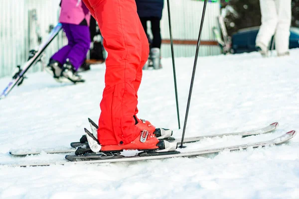 Sport zestaw nart, butów i kijów w czerwieni na kobiecej nodze zbliżenie. — Zdjęcie stockowe