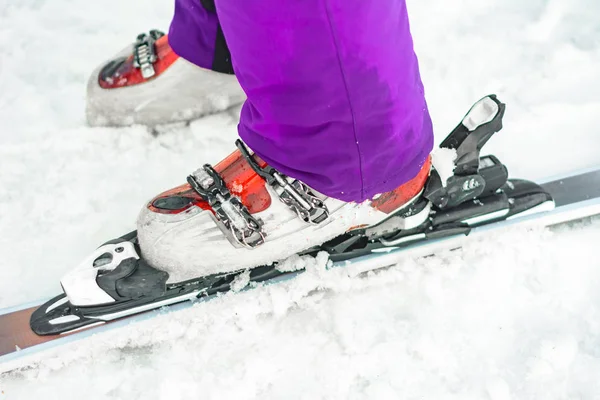 Idrottaren visar en uppsättning skidor och pjäxor på benet. — Stockfoto