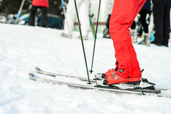 Yablunytsia, Ukraine February 2, 2019: woman in red pants and red boots goes skiing, tourists of Ukraine in the village of Yablunytsya.