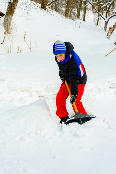 O menino pás a neve perto de sua casa no inverno . — Fotografia de Stock