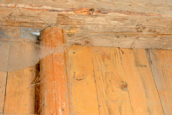 Molte ragnatele spruzzate sulla parete con supporti a ragno, la parete fatta di tavole orizzontali in legno . — Foto Stock