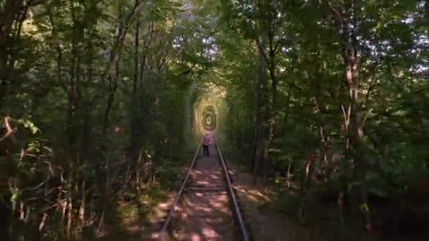 Tunnel of Love in Ukraine, a unique tourist spot in the shape of an arch in a dense forest — Stock Video