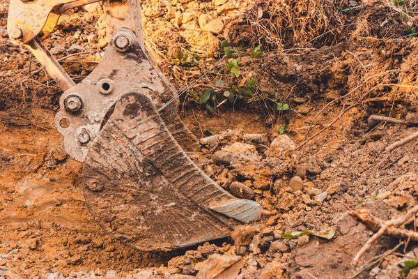 挖掘机在森林里用桶挖土，进行挖掘工作. — 图库照片