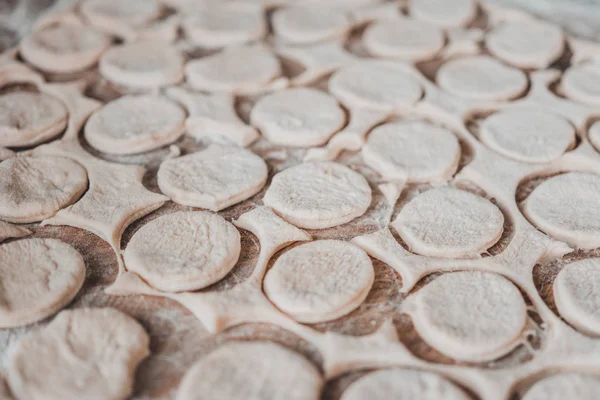 Pasta laminata con cerchi tagliati a fette per gnocchi, consistenza . — Foto Stock