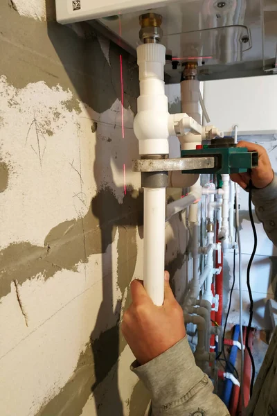 Two-circuit domestic water heater and plumbing connections. — 스톡 사진