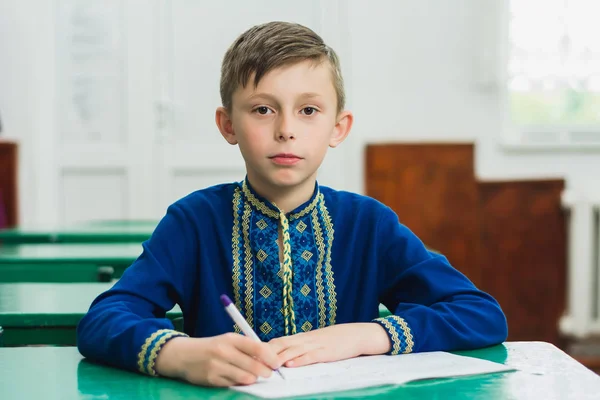 Retrato de um menino em uma camisa tradicional ucraniana bordada azul, menino segurando uma caneta em sua mão . — Fotografia de Stock