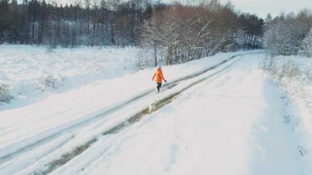 Młoda kobieta w pomarańczowej kurtce biegnie z szarym szczeniakiem rasy Husky w zimowym lesie i na śnieżnej drodze — Wideo stockowe