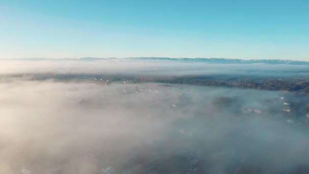 朝霧の中でウクライナの村を飛ぶときのトップビュー2020 — ストック動画