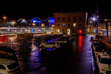 Mainz, Germany - January 28, 2020: Night streets near the Main Station in Mainz, Germany.2020