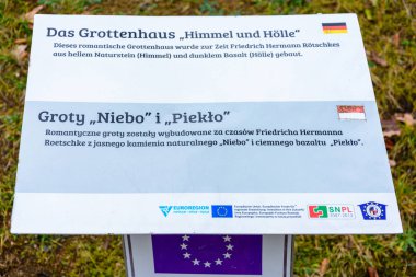 Cromlau Park, Germany January 29, 2020: Signs in a park with a short inscription history.