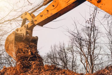 Ormanda ve gökyüzünde toprak bulunan kazı alanı kovası. 2020