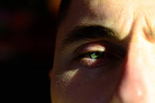 Portrait Young Man Dark Shadows Eyes Green 2020 — Stock Photo, Image