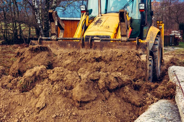 Escavadora Trabalha Rua Campo Construção Estradas 2019 — Fotografia de Stock