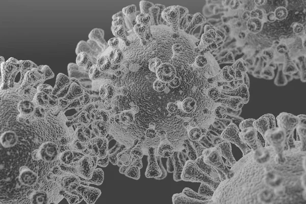 Close-up of parasitic viral cells under a microscope in a specialized laboratory on a gray background black and white image 2020