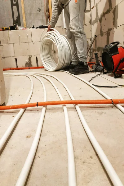 Installation Tubes Floor Heat Bringing Tubes Collector 2020 — Stock Photo, Image