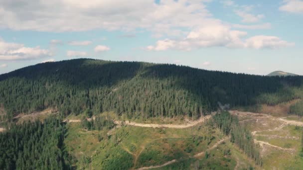 Top view of Ukrainian village in Carpathian mountains with beautiful scenery of forests and cloudy sky — Stock Video