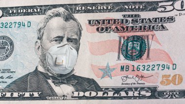 Face of american president in medical mask on dollar bill during economic crisis and pandemic of coronavirus. Realistic and quality montage with currency concept 2021 clipart