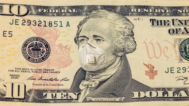Ekonomik kriz ve koronavirüs salgını sırasında sağlık maskesi takmış Amerikan başkanının yüzü. Para birimi kavramı 2021 ile gerçekçi ve kaliteli montaj