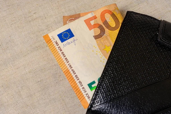 Banknoty Euro Czarny Portfel Szarym Tle 2020 — Zdjęcie stockowe