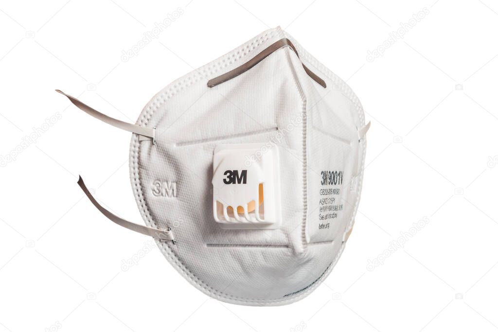 Wuhan, China - April 21 2020: Face shield 3m with a valve that protects against viruses in a coronavirus pandemic isolated on a white background 2021. At an angle of 45 degrees