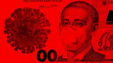 Tıbbi maskeli Ukraynalı şairin yüzü. Koronavirüs hücresi ve bakteriler tarafından karşılanan kanlı kırmızı arka plana karşı 500 Hryvnia banknotu. Para birimi kavramı 2021 ile gerçekçi ve kaliteli montaj