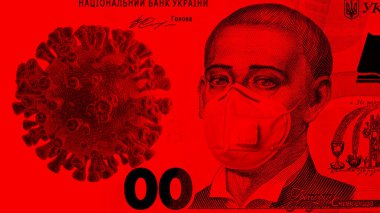 Face of the Ukrainian poet in medical mask. 500 hryvnia banknote against bloody red background countered by coronavirus cell and bacteria. Realistic and quality montage with currency concept 2021 clipart