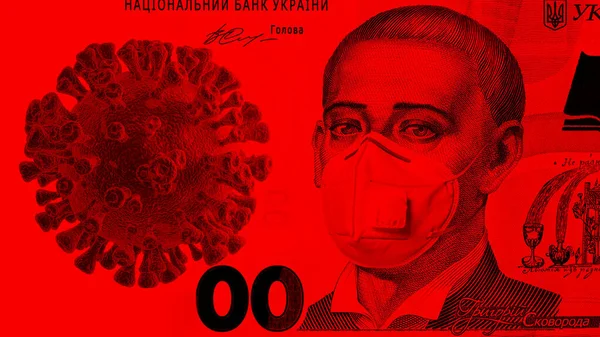 Ukrán Költő Arca Orvosi Maszkban 500 Hryvnia Bankjegy Vérvörös Háttérrel — Stock Fotó