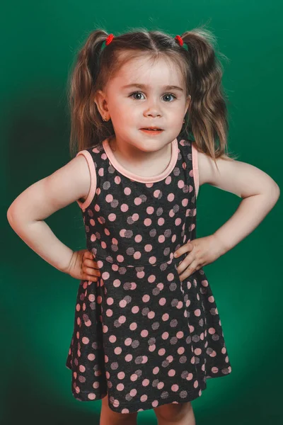 Kislány Három Éves Farok Ruha Pózol Stúdióban Zöld Háttér 2021 — Stock Fotó