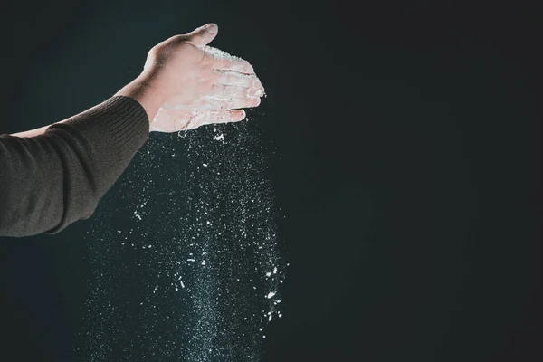 Hand Woman Cook Kitchen Pouring White Dust Flour Flour Table — Stock Photo, Image