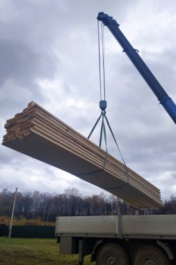 Crane, arka plandaki çatıya ahşap korkulukları indiriyor. 2020