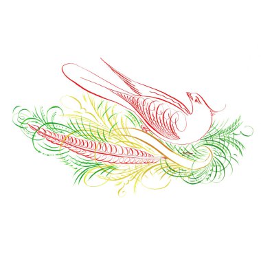 Bir kuş ve ince tüy ile yapılmış retro modern tarzda bir tüy çizim suluboya