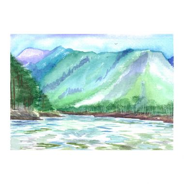 Suluboya dağ manzarası ile engebeli nehir ve kıyı orman