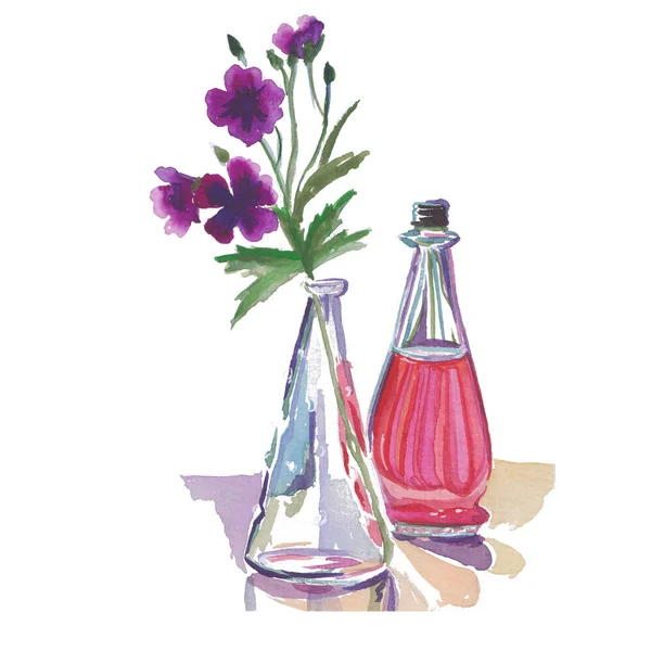 Akvarell Vázlat Csendélet Üveg Virágok — Stock Fotó