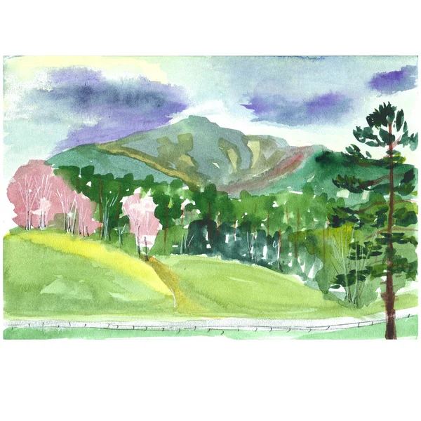 Watercolor sketch of the landscape with mountains and forest