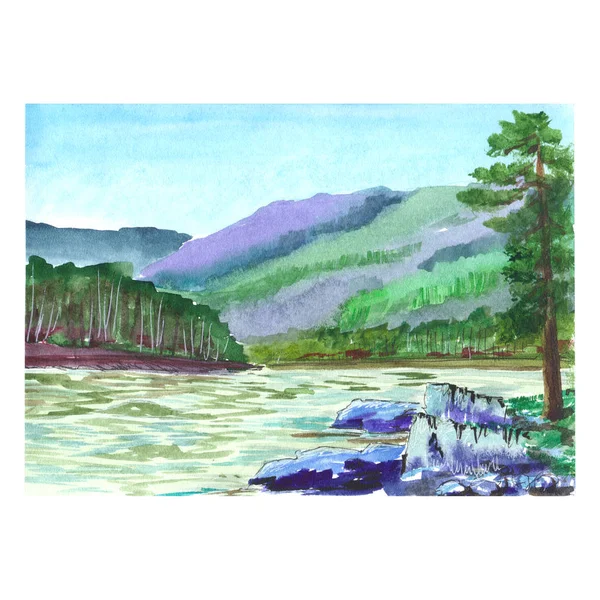 一条山间河的水彩风景 — 图库照片