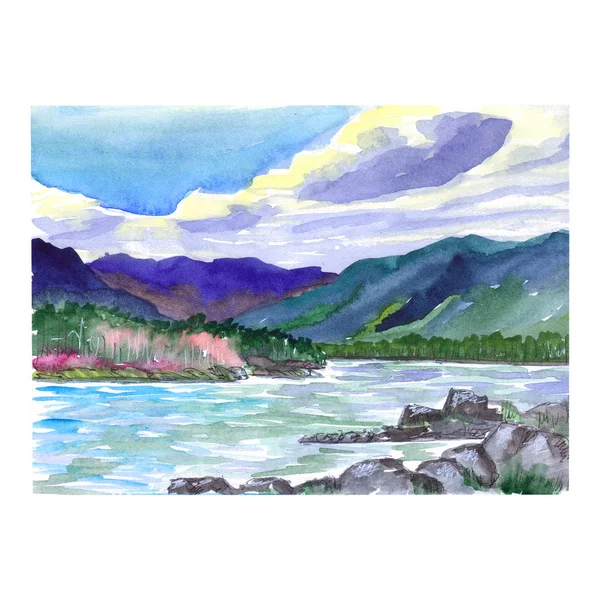 Paysage Aquarelle Une Rivière Montagne Parmi Les Rives — Photo