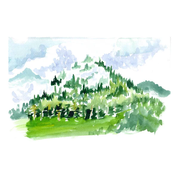 A watercolor sketch of a mountain landscape with a forest in the clouds.