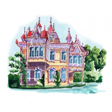 Suluboya kroki eski ahşap konak