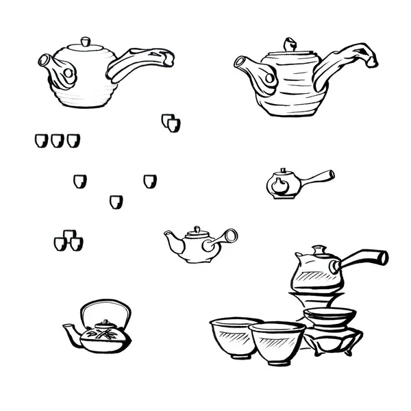 Grafika Inkoustu Japonský Čajový Obřad Tradiční Konvice Čaj — Stock fotografie