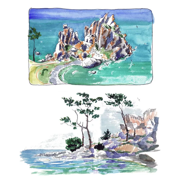 Turquoise Water Rocks Lake Watercolor Sketch — Stock Photo, Image