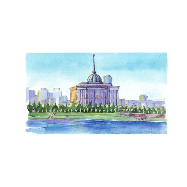 Watercolor Sketch Presidential House Astana — Stock Photo, Image