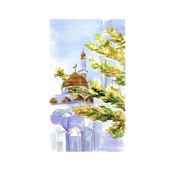 Watercolor Sketch White Stone Mosque — Stock Photo, Image