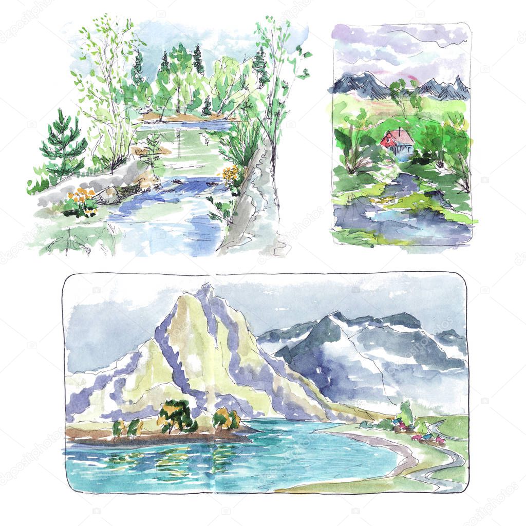 Mountain river among mountains and coasts with forest and vegetation - watercolor sketch