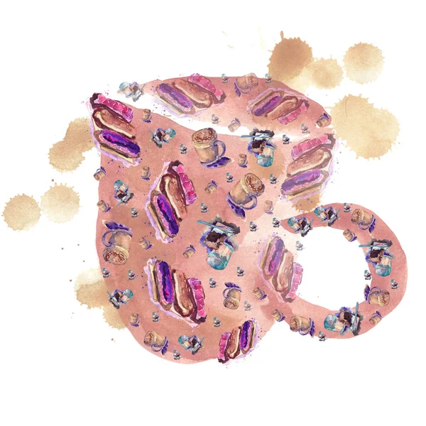 Muster Von Pudding Brownie Eclairs Und Kaffee Latte Aquarell Skizze — Stockfoto