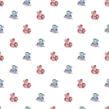 Dikişsiz desen - çay ve kahve suluboya kroki bardak ve tabaklar.