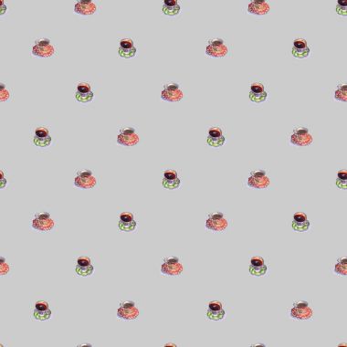 Dikişsiz desen - çay ve kahve suluboya kroki bardak ve tabaklar.