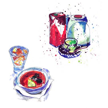 Suluboya croutons çorba çaydanlık bardak suyu Tetrapack kroki